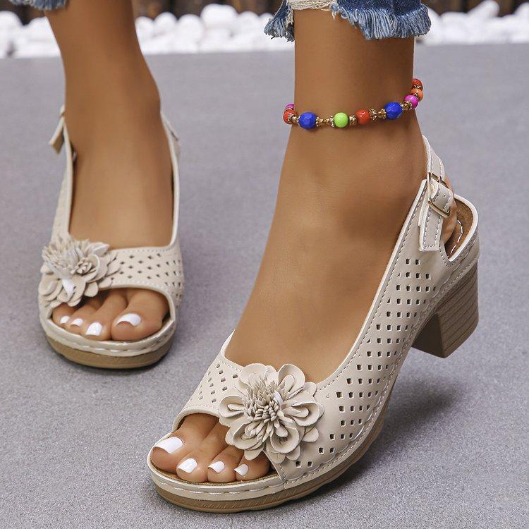 2025 spring and summer new foreign trade high-heeled sandals women's shoes one-word with hollow flower sandals fish mouth thick heel sandals women