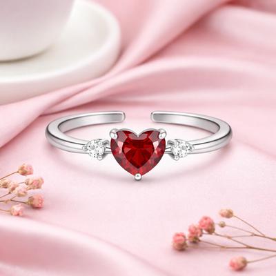 Heart Cut Red CZ Three-Stone Adjustable Ring – 925 Sterling Silver