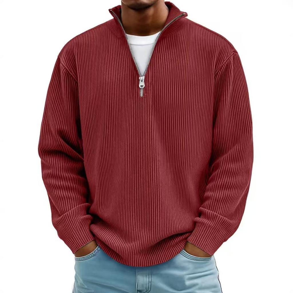 Cord-Sweatshirts Herren Herbst Einfarbig Langarm Kleidung Herren Lässig Locker Reißverschlusskragen T-Shirts Mann Oberbekleidung
