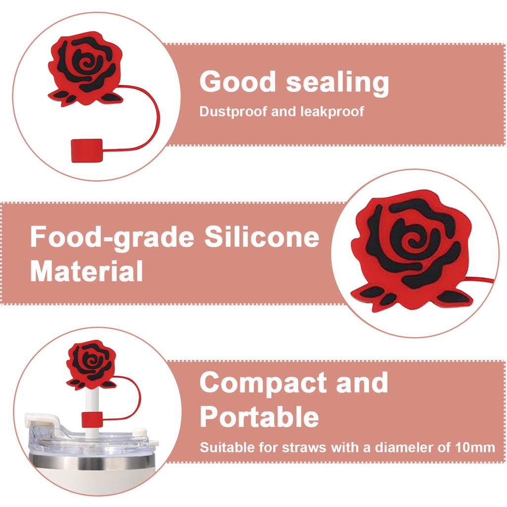 Valentine's Day Straw Cover Cap, 10mm Silicone Straw Tip Covers, Red Rose Cup Accesories For 30 & 40oz 3Pcs