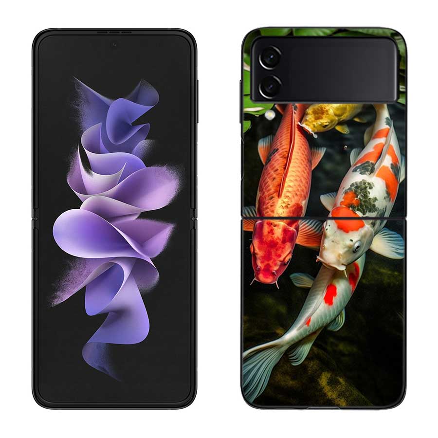 High End Ornamental Fish and Koi Carp Phone Case For Samsung Z Flip 7 6 5G Galaxy Z Flip 5 4 3 Black Hard Cell Cover Luxury PC