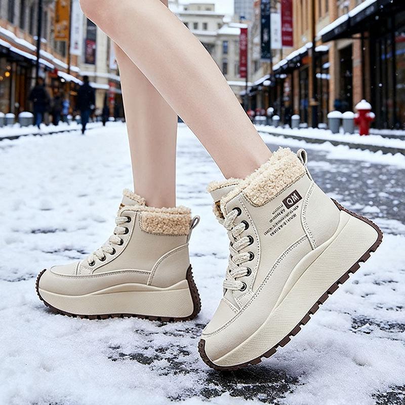 Pantofi cu talpă groasă cu gleznă înaltă pentru femei, cizme de zăpadă groase cu lână, pantofi noi de iarnă din bumbac pufos, pantofi sport calzi și cu talpă înaltă