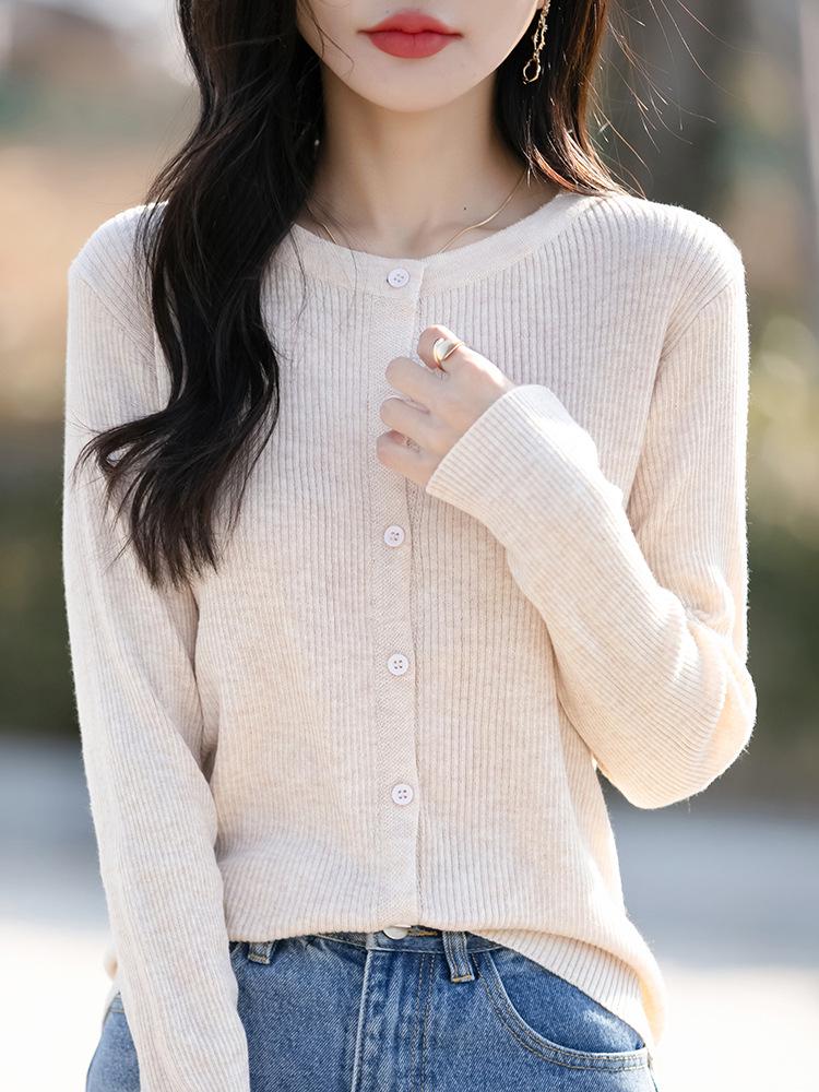 Women's Spring Korean Style Loose Wool Cardigan - Round Neck, Long Sleeve