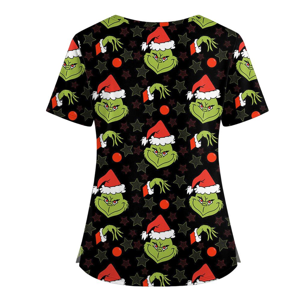 Women's Short Sleeved Christmas Printed V-neck Buttonable Side Slit Top T-shirt