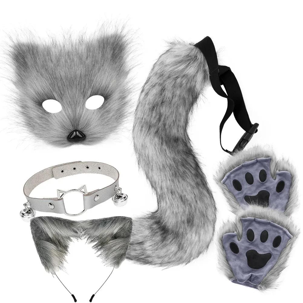 Fox Tail Set Cat Ear Headpiece Tail Fluffy Cat Claw Glove Headband Necklace Set Lolita Anime Halloween Cosplay Costume Accessory