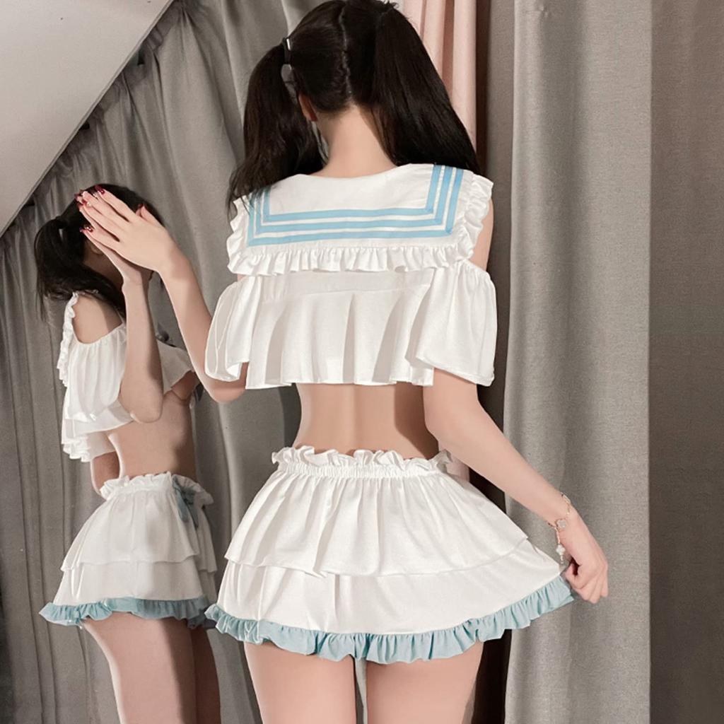 Sailor Clothes Cosplay Sexy Erotic Extreme Costume Erotic Exposure Women Short Sleeves JK Cute Ribbon Small Breasts Micro Mini Skirt Light Blue White