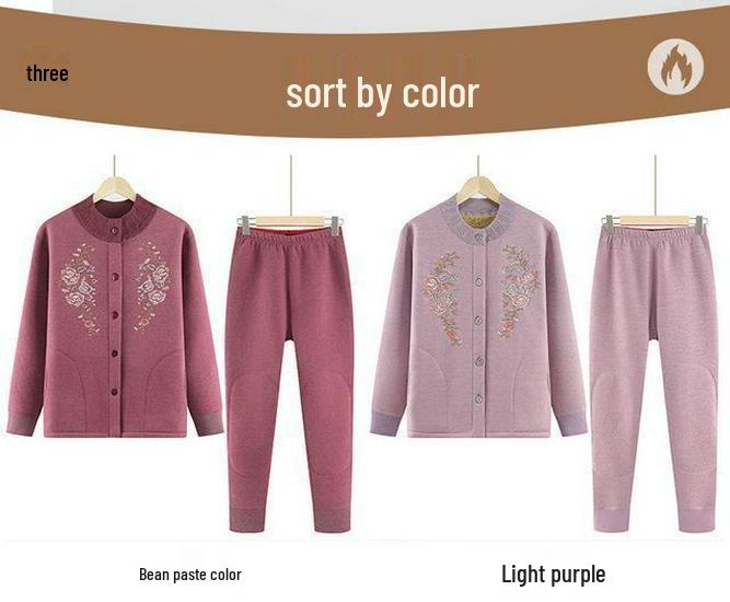 Women's Winter Fleece-Lined Cardigan and Sweater Set for Elderly