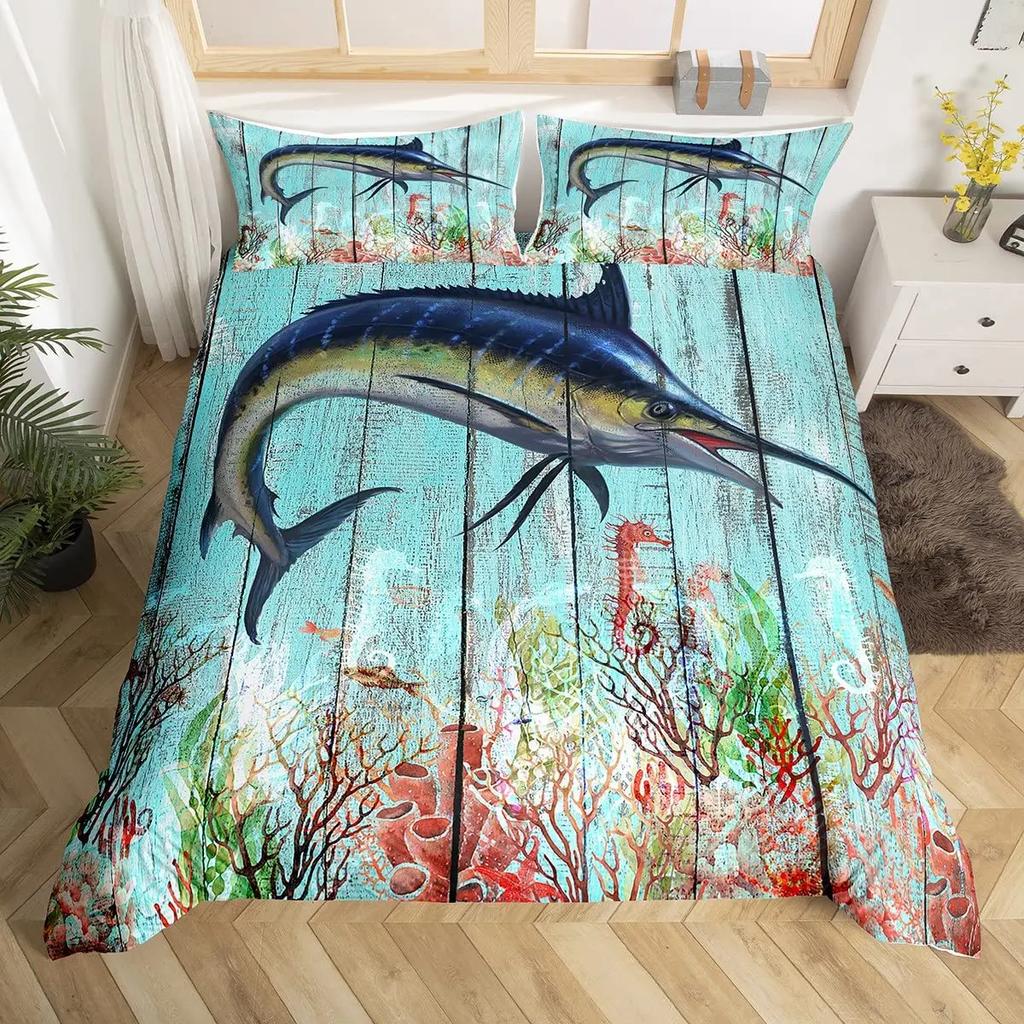 Marlin Svärdfisk Påslakanset Jakt Fiske Sängkläder Set Batik Havsfiske Båt Marint Liv Nautiskt Täckesöverdrag Queen