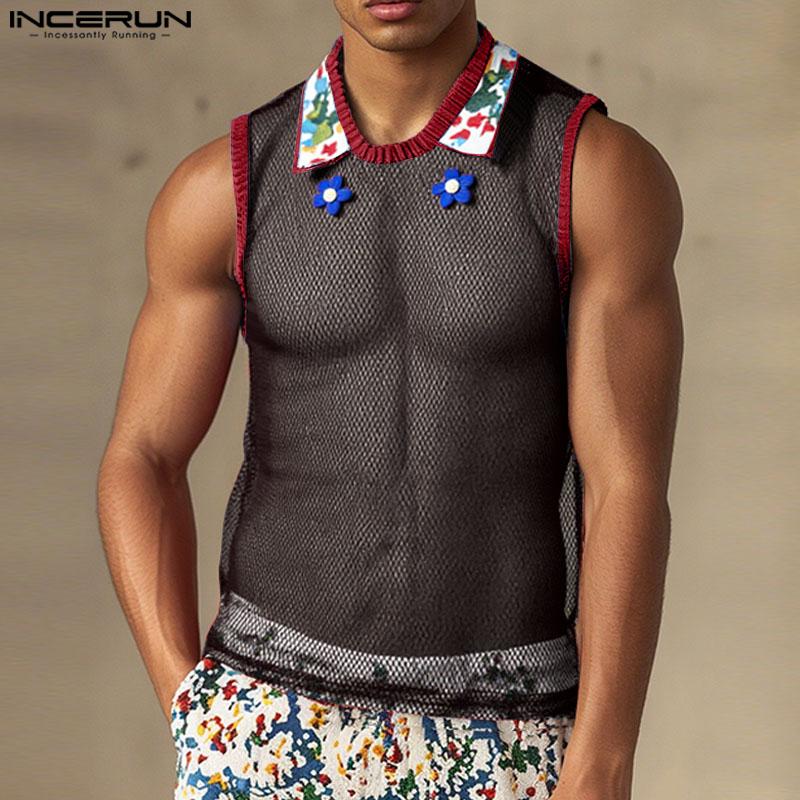 INCERUN Men Sleeveless Mesh See Through Stitching Flowers Embroidery Tank Tops