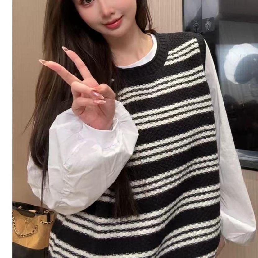 Women's Korean Style Striped Sleeveless Sweater Vest - Color Block Round Neck for Spring & Autumn Layering