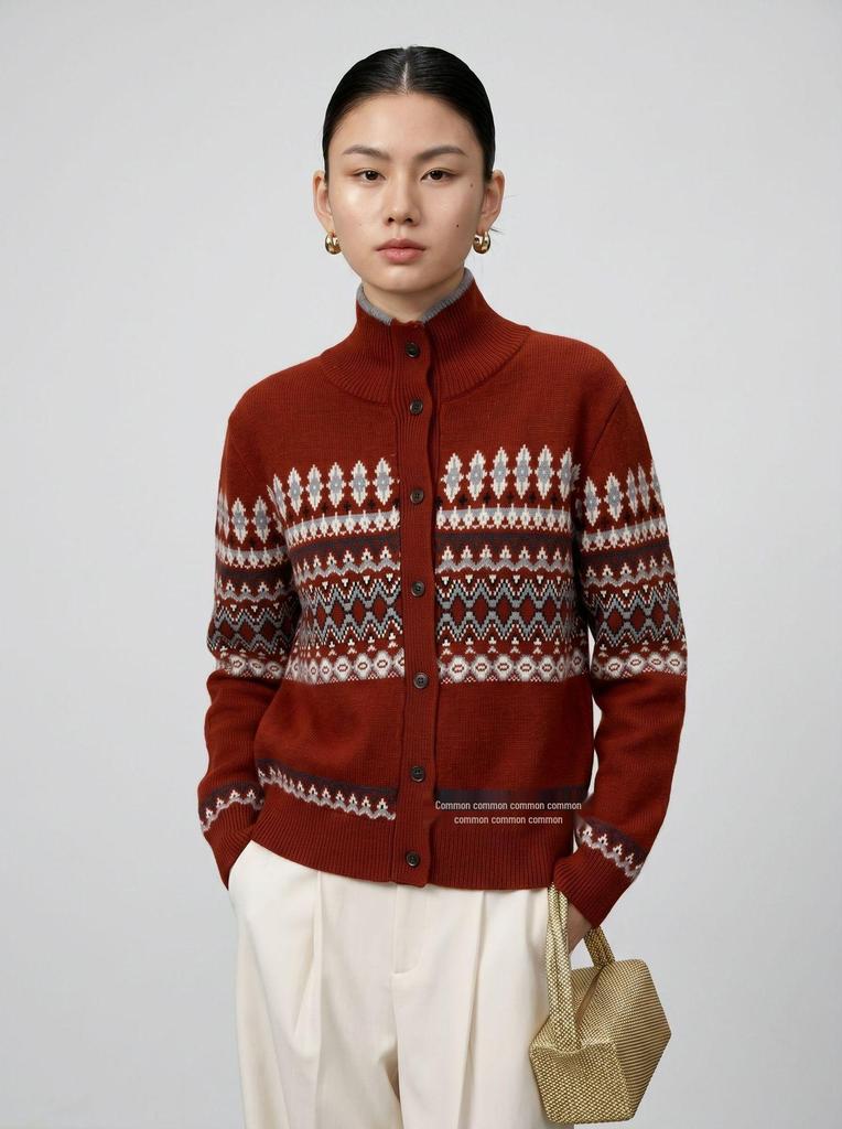 Women's Retro Fair Isle Wool Cardigan Sweater - Thick Knit, Stand Collar