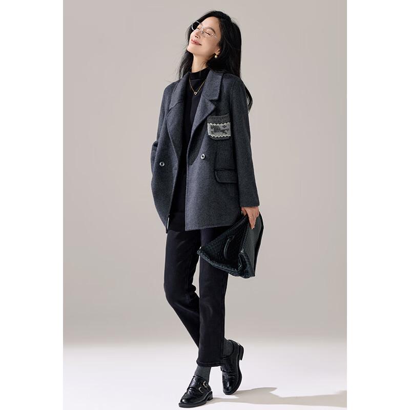 VICTORIA&VERA Women's Wool-Blend Lapel Coat with Pocket Detail