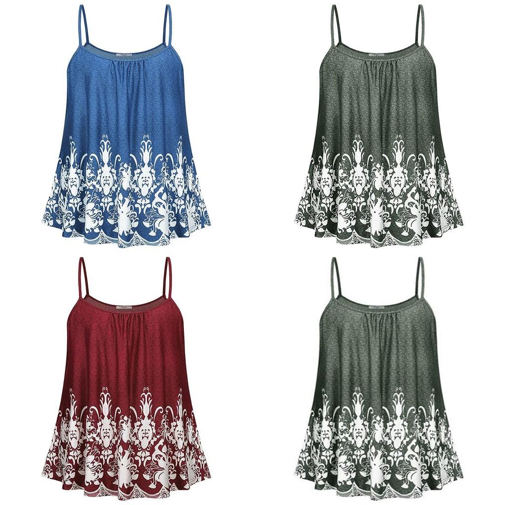 Elegant Women Print Loose Casual Summer Pleated Flowy Sleeveless Camisole Tank Tops