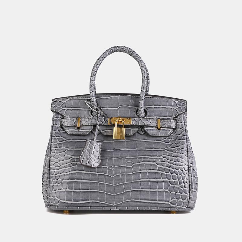 25cm Borsa Birkin Classica Moda Motivo Coccodrillo Lusso Donna Grande Capacità Tote Spalla a Tracolla Borsa Media Materiale PU Morbido Chiusura con Fibbia
