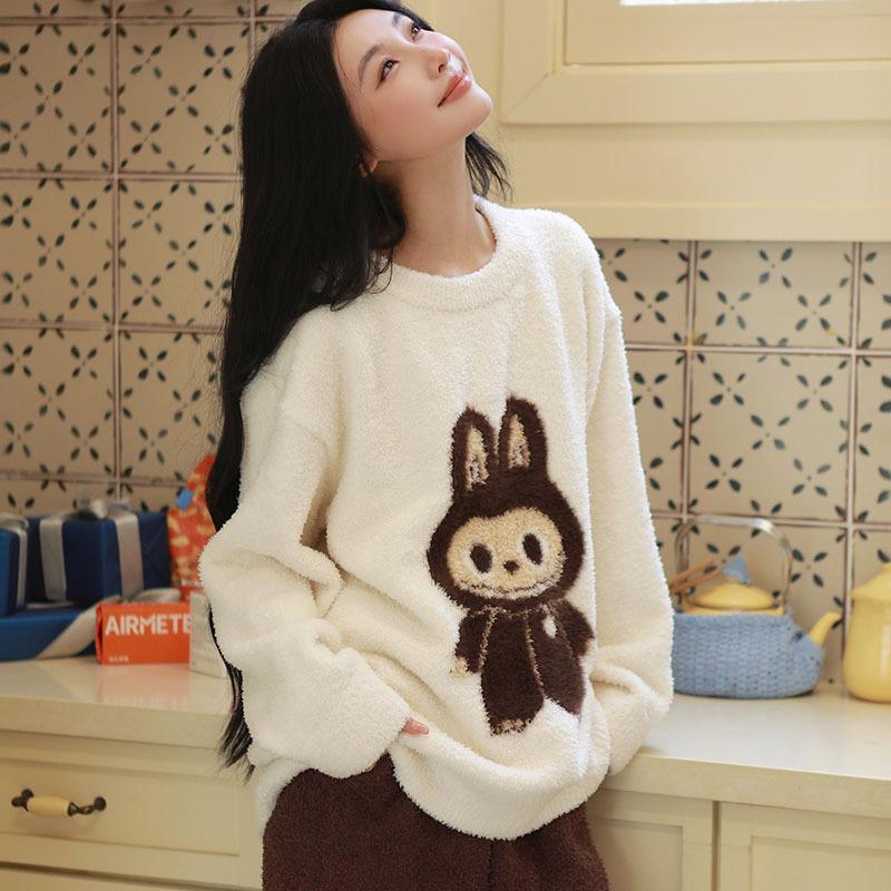 New Cozy Fleece-Lined Winter Pajama Set - Fluffy Cartoon Crew Neck Women's Homewear