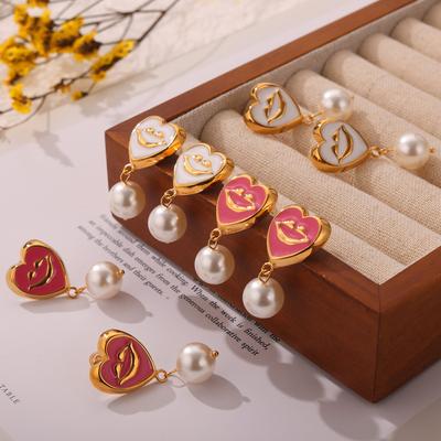 Japan And Korea New Cute Sweet Cartoon Fashion Titanium Steel Gold-Plated Enamel Dripping Geometric Bead Pendant Smiley Face Earrings