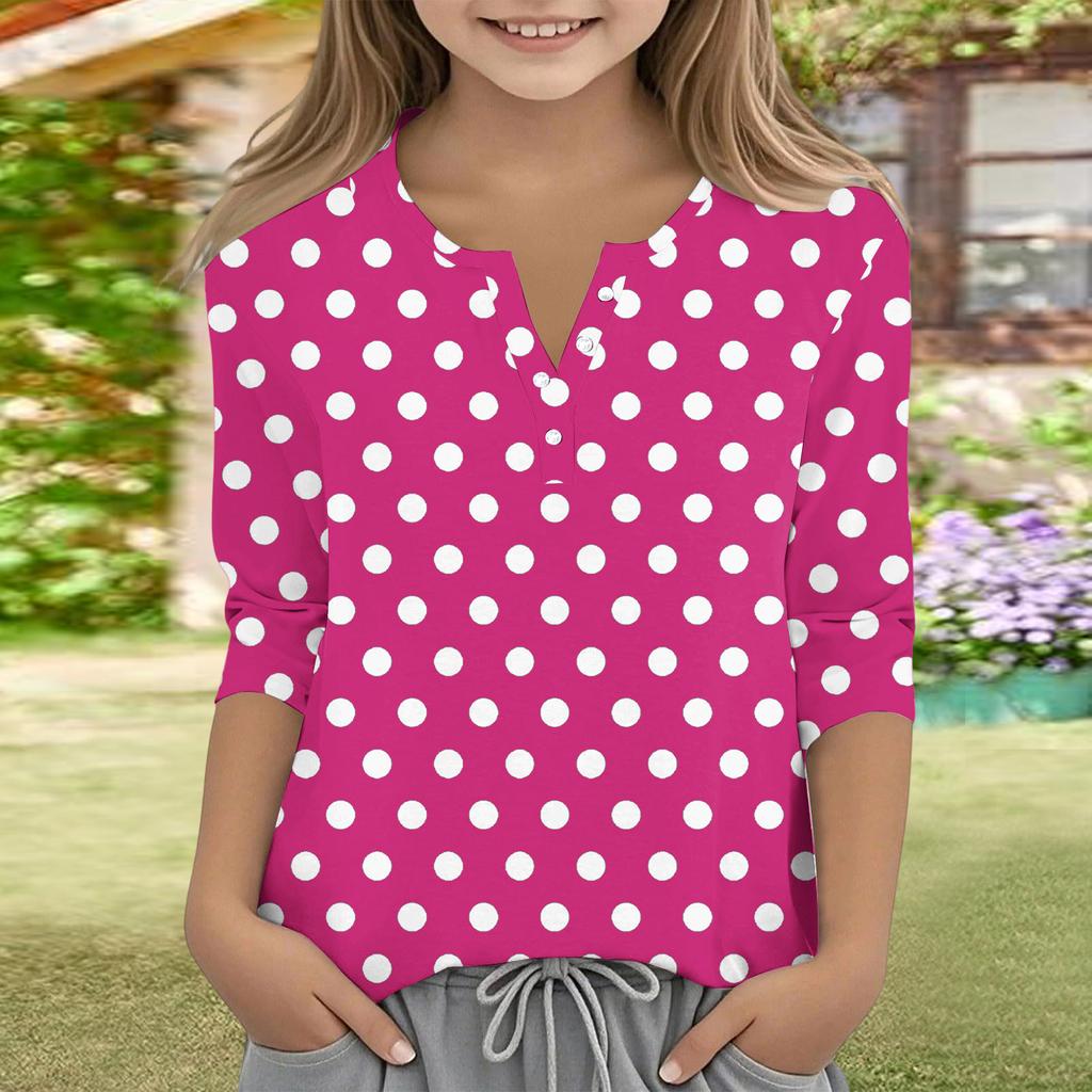 Print Tops For Youth Girls V Neck Button 3/4 Sleeves T-Shirts Trendy Tops Outfit Tees