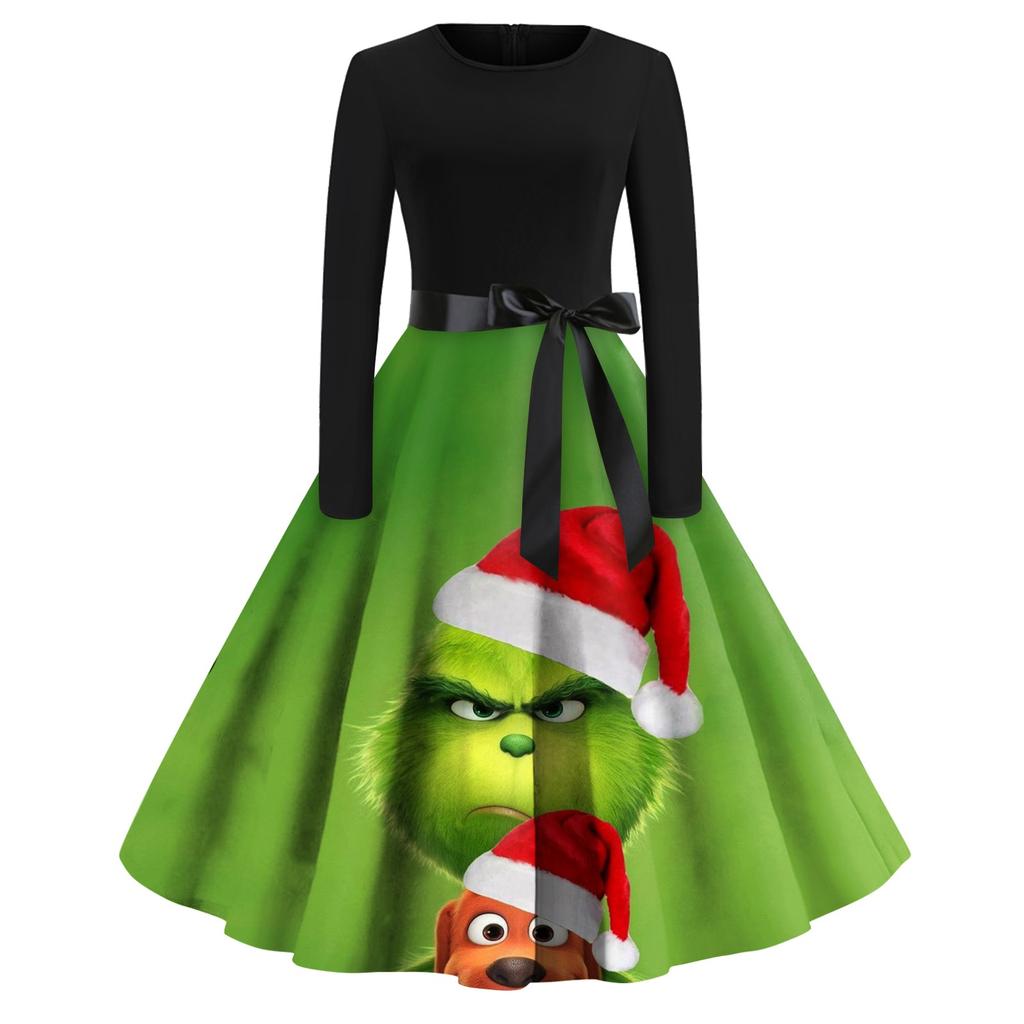 Women's Fashion Crew-neck Christmas Print Long-sleeved Casual Dress