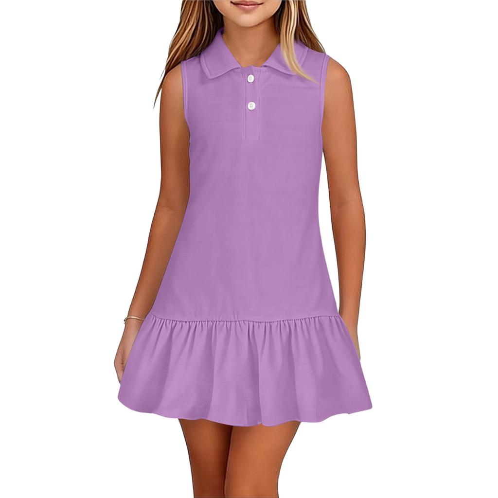 Vestito polo senza maniche per bambina, casual, da indossare tutti i giorni, con colletto e orlo a balze, vestibilità comoda, vestito estivo per bambini