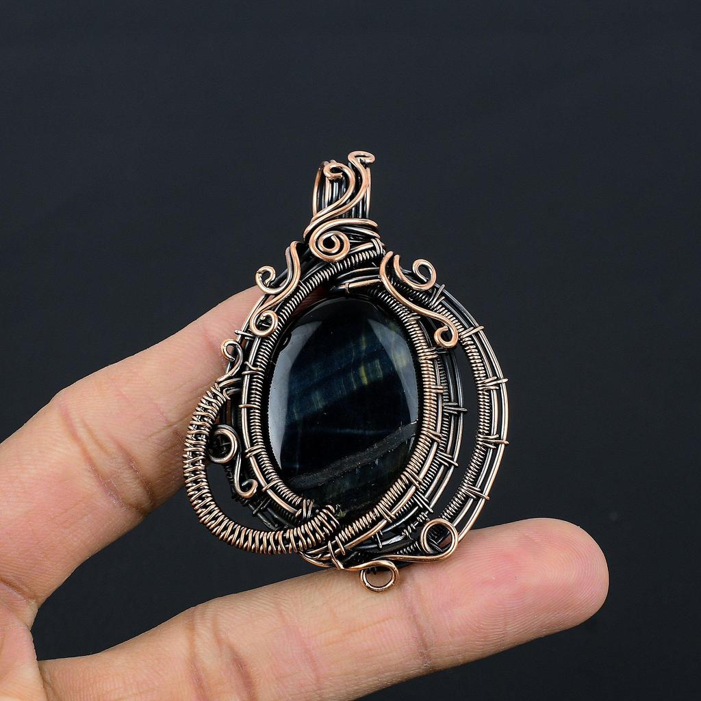 Blue Tiger Eye Pendant, 999 Copper Wire Wrapped Pendant Jewelry. Gift For Women Handmade Pendant Gemstone Jewelry