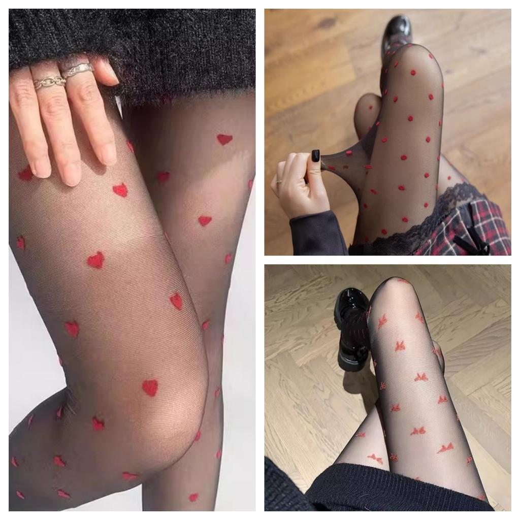 Summer Ultra-thin Sexy Invisible Transparent Jacquard Women's Bow Leg Socks Stockings Red Love Polka Dot Pantyhose