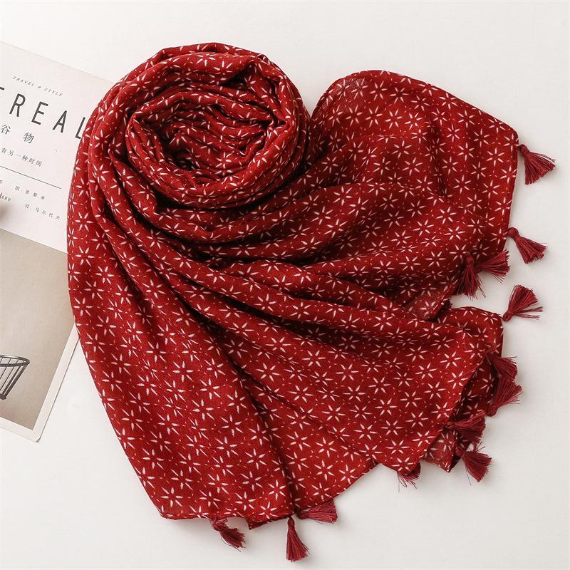 Retro Bohemian Ethnic Cotton Linen Scarf with Hexagram Tassels
