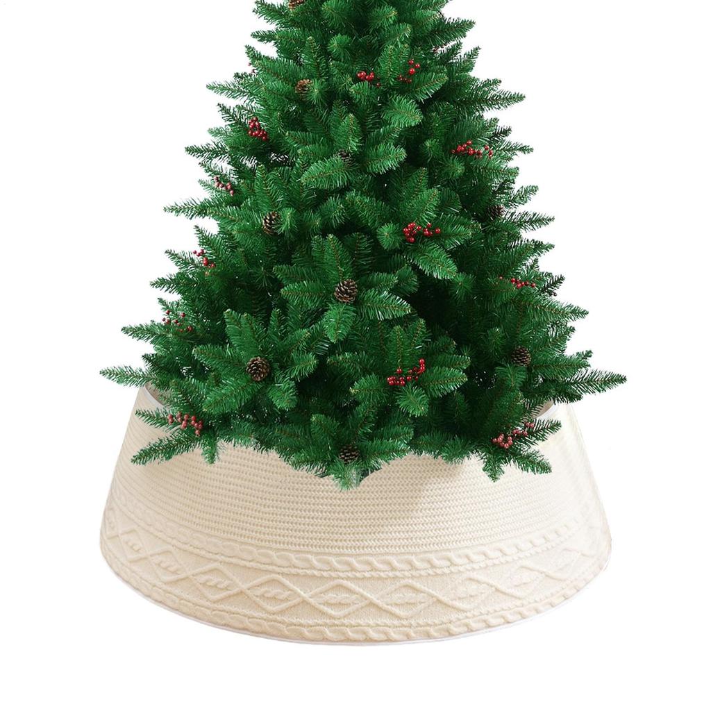 Christmas Tree Base Cover Knitted Rustic Chunky Ring Cream Rhombic Edge Christmas Tree Stand Cover For Farmhouse Home Winter