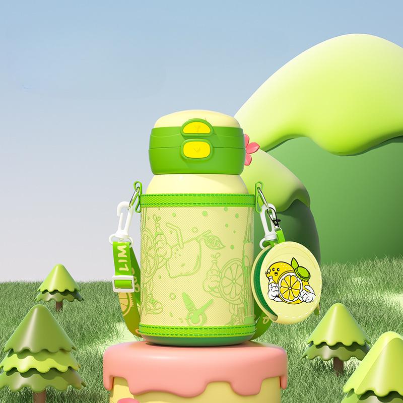 316 Stainless Steel Children's Vacuum Cup High-Looking Cartoon Cute Straw Double Drinking Cup Portable Drop-Resistant Big Belly Cup