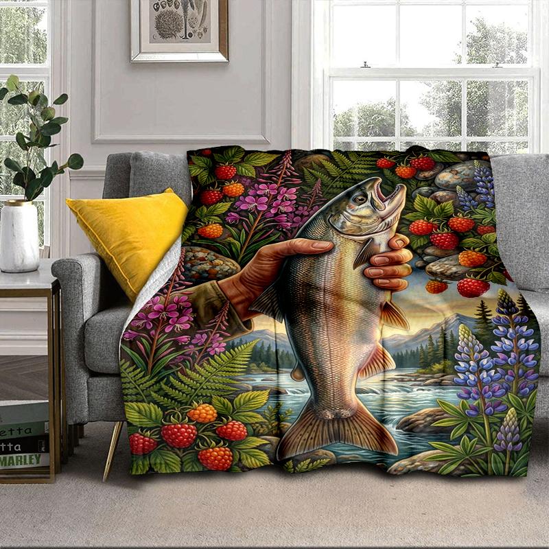 Salmon Amidst Nature Blanket Flannel Blanket for bed, sofa, Camping, Hiking, Picnic Essentials, gift for family Fan gifts