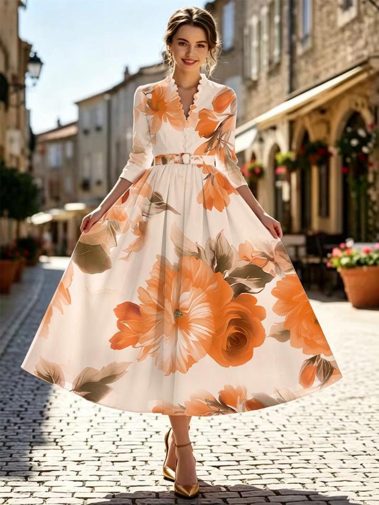 Artistic Retro V-Neck Waist-Cinching Long-Sleeve A-Line Women's Dress
