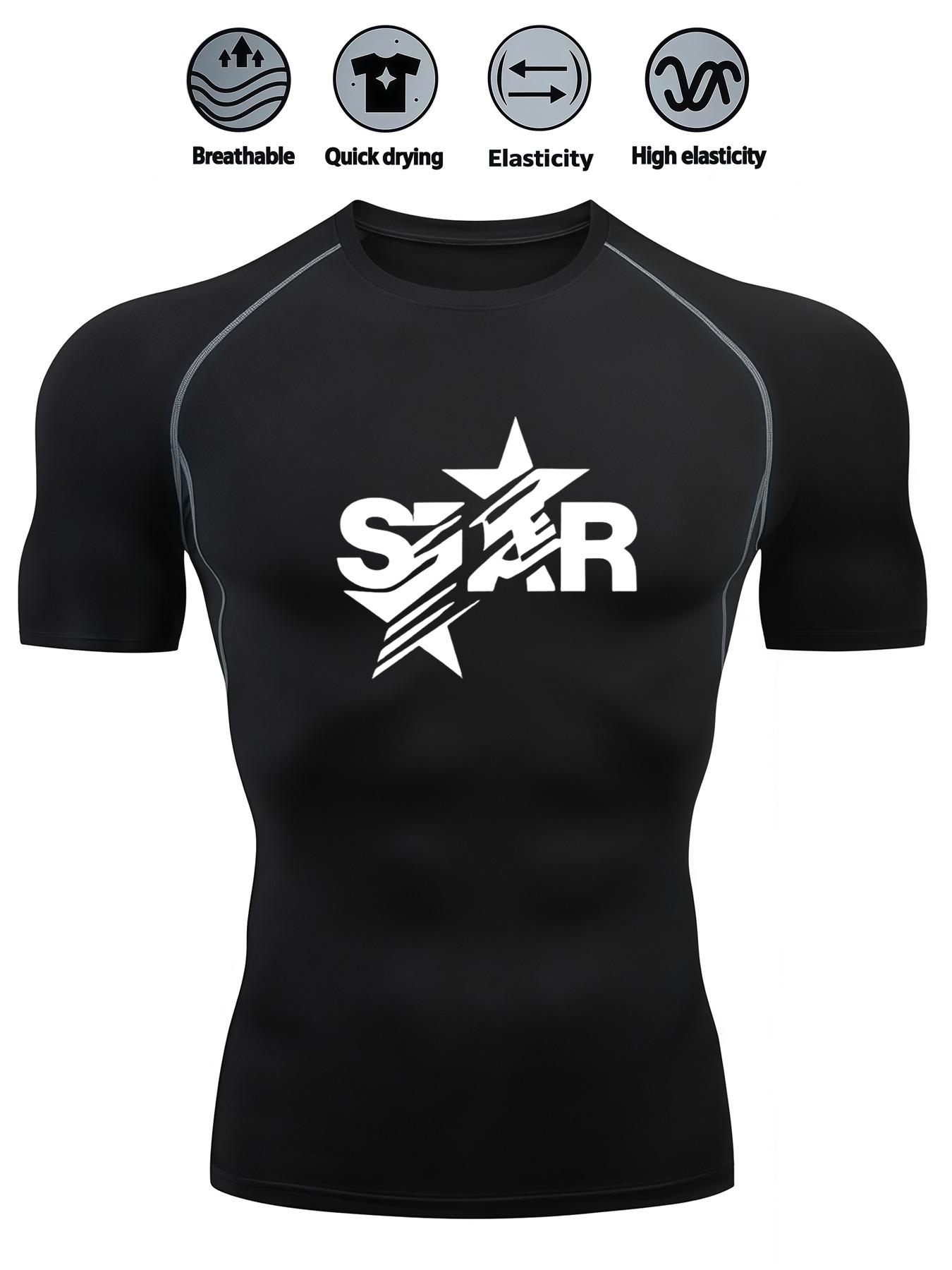 Men s Purple STAR & Star Print Compression T-Shirt, Breathable Quick Dry High Elasticity Gym Workout Top S