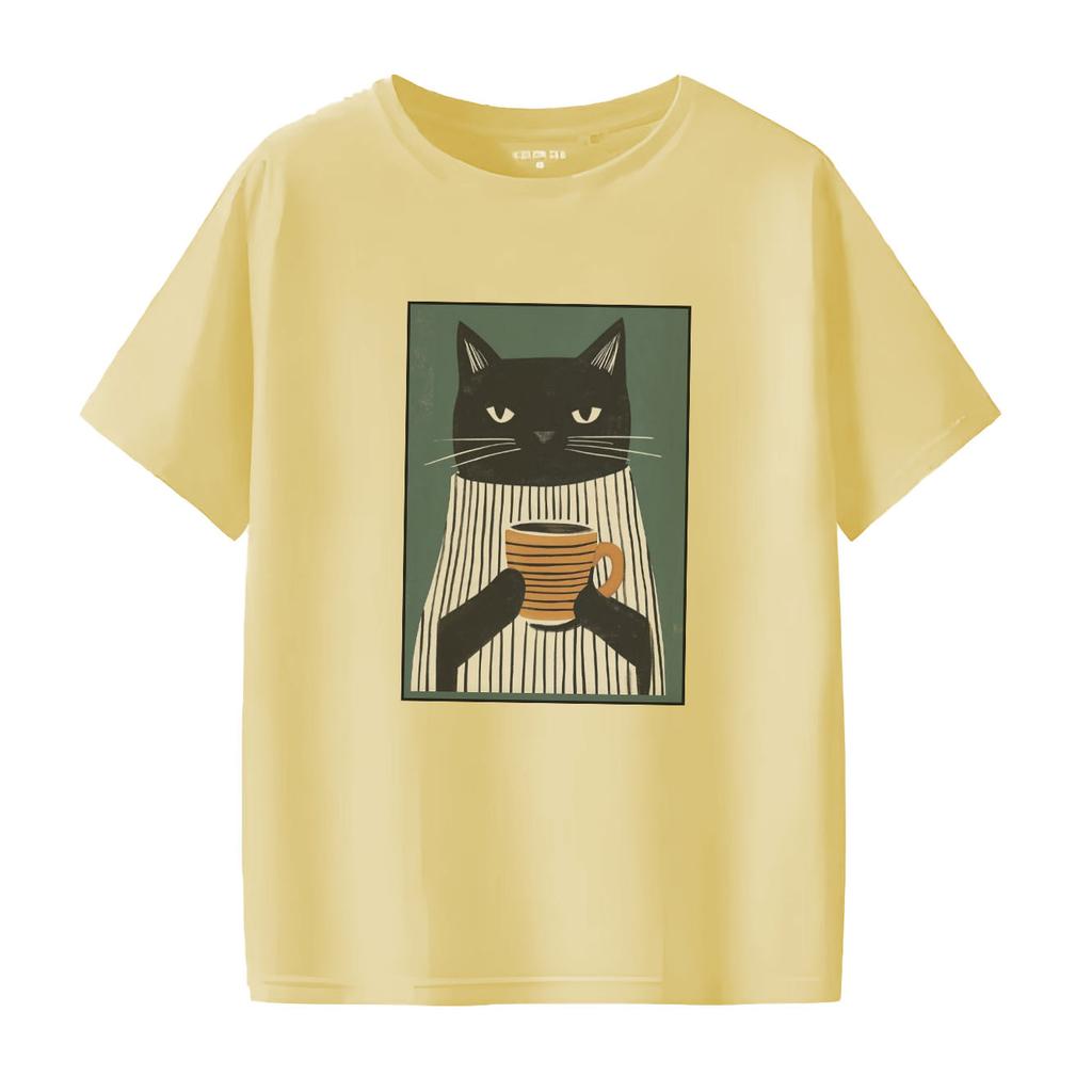 Fun cat tea printed Tshirt casual short sleeved round neck top versatile Womens Tshirt suitable for all seasons