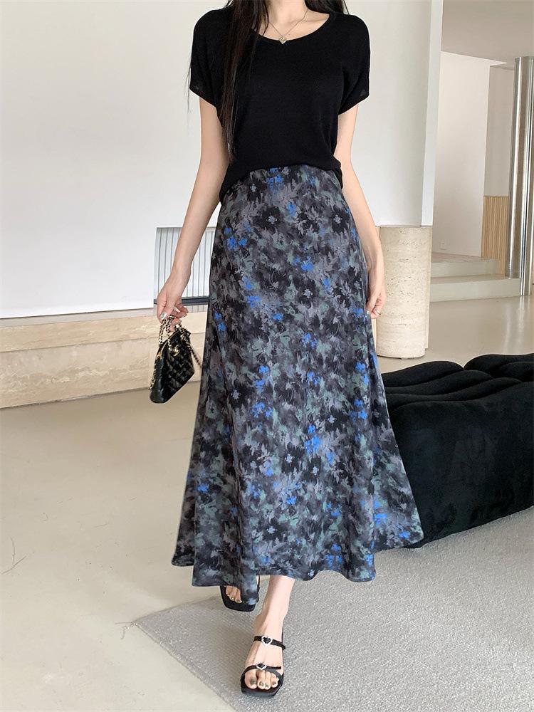 2026 Summer Plus Size A-line Black Printed High Waist Skirt for Women, Mid-length Skirt Pants, Slimming Thin Style 4XL