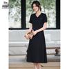 French Style V-Neck Pleated Short-Sleeve Black Midi Dress