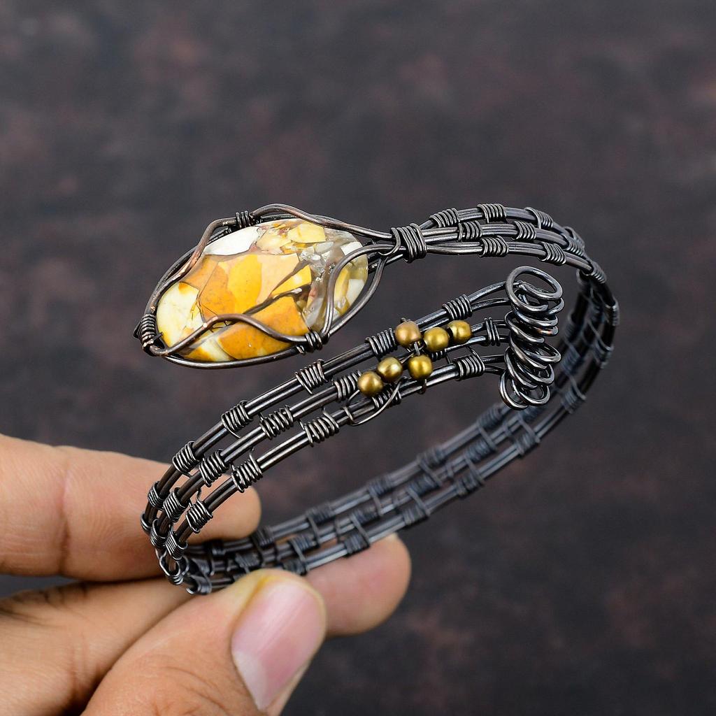 Brecciated Mookaite Gemstone Bangle Copper Wire Wrapped Cuff Bracelet Handmade Jewelry Adjustable Cuff Copper Wire Jewelry Gift For Friend