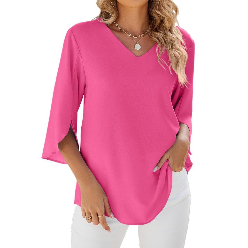 2024 Spring/Summer Solid Color V-Neck Medium Sleeve Loose Chiffon Blouse for Women