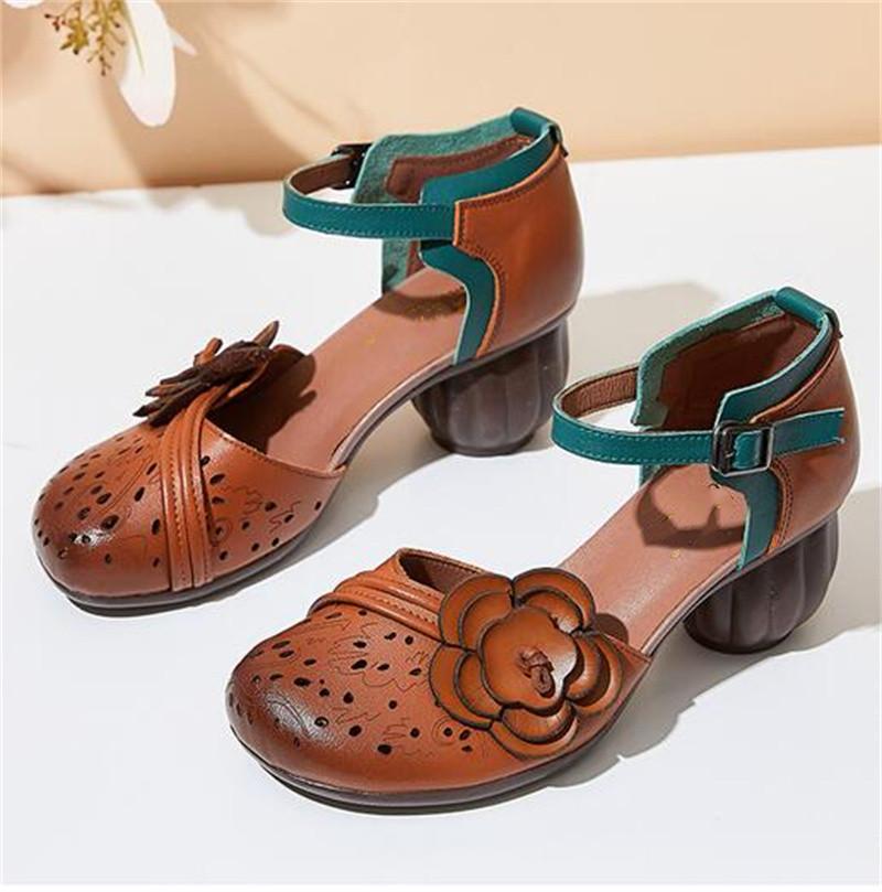 Fashion GKTINOO 2024 Summer Genuine Leather Shoes Gladiator Sandals Women 6cm High Heels Classic Black Round Toe Flower Ladies Sandals