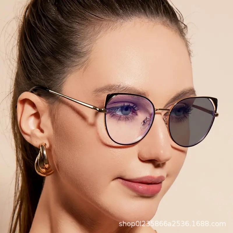 Hollow cat's eye anti-blue glasses frame ins women's European and American fashion trend metal flat glasses myopia glasses frame