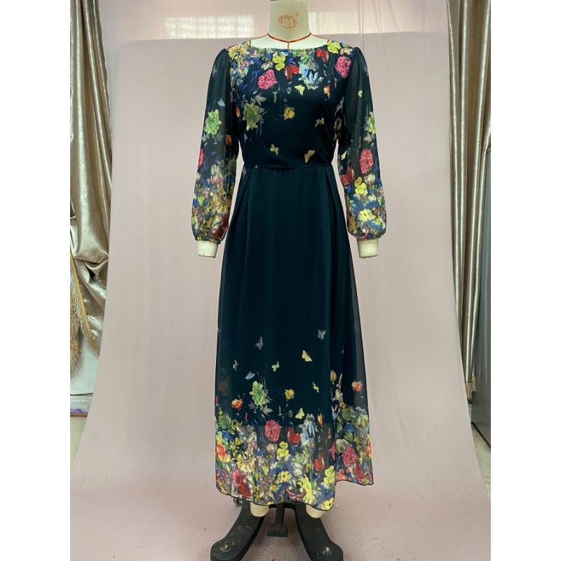 Women's Summer Printed Sexy Hollow Slim Long Sleeve Big Swing Long Dresses
