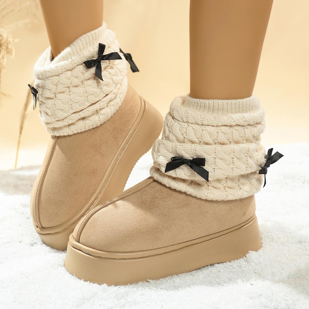 

Fashion Soft Thick Bottom Snow Boots Women 2025 Winter Sweet Bowknot Knitted Leg Covers Warm Faux Fur Snow Boots Non Slip Winter Shoes 40-41 хаки