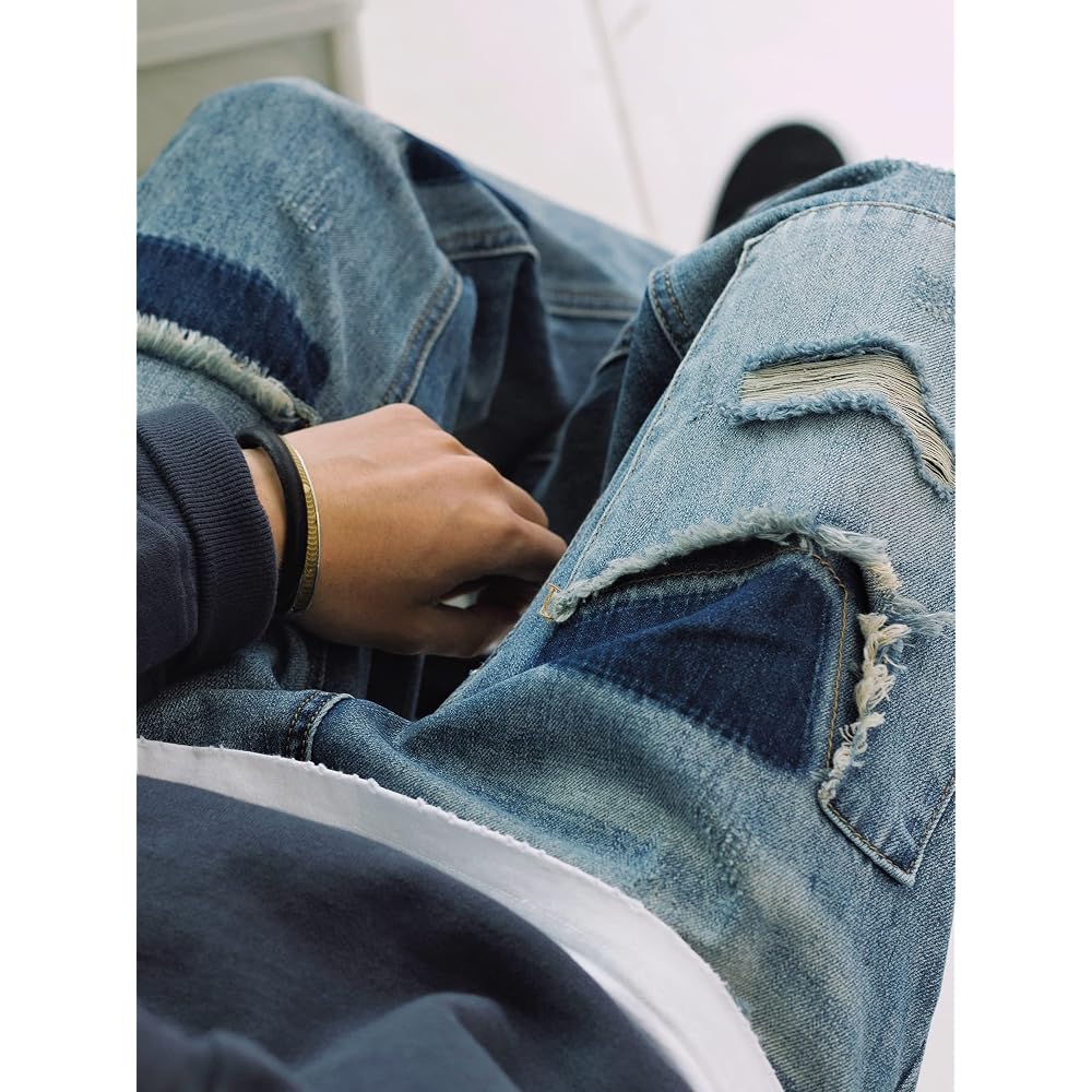 Change Well Men's Vintage Style Straight Casual Denim Pants Blue Size 28 with Distressed Design