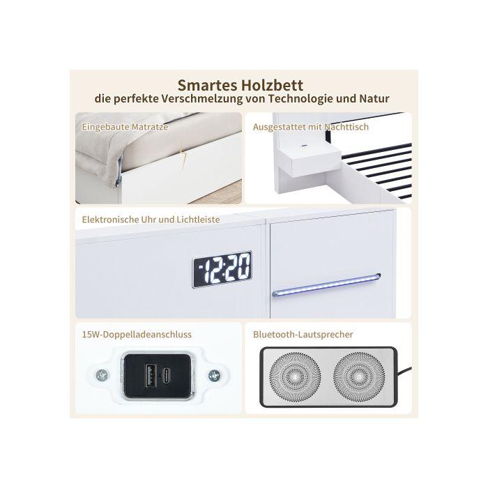 Doppelbett, 160*200 cm, aus Holz, mit USB-Anschluss, 2 Nachttische (ohne Schubladen), ohne Matratze, weiß