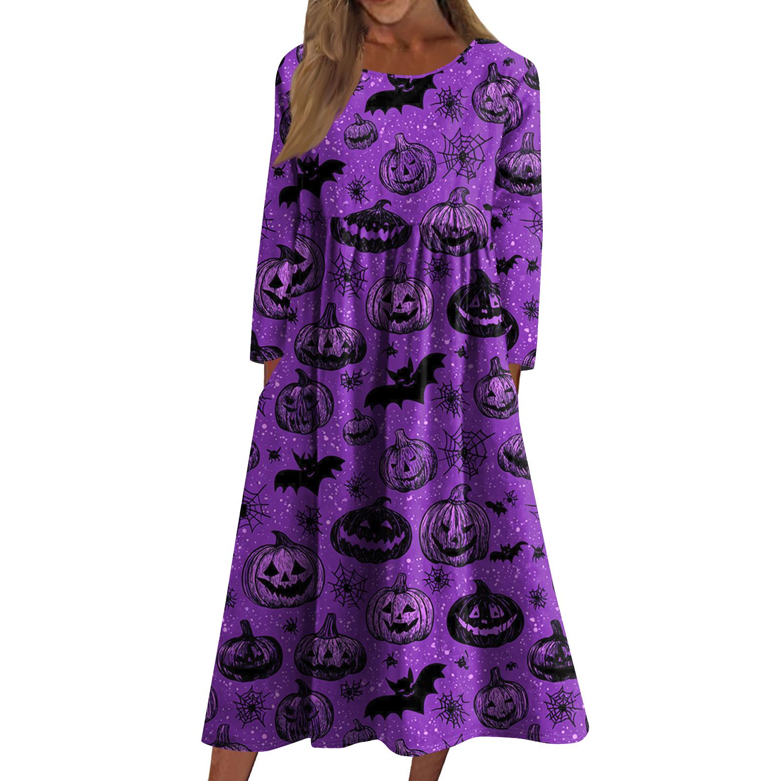 

Женское повседневное платье средней длины с круглым вырезом и принтом Хэллоуина, платье средней длины с длинными рукавами и карманом XXL фиолетовый