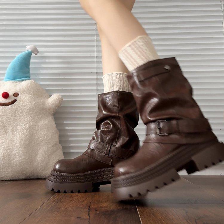 Rindslederversion~ innenliegende Höhenerhöhung Retro Maillardbraune Martin-Stiefel Damen 2025 neu Herbst und Winter zwei Tragevarianten Plateau Kurzstiefel