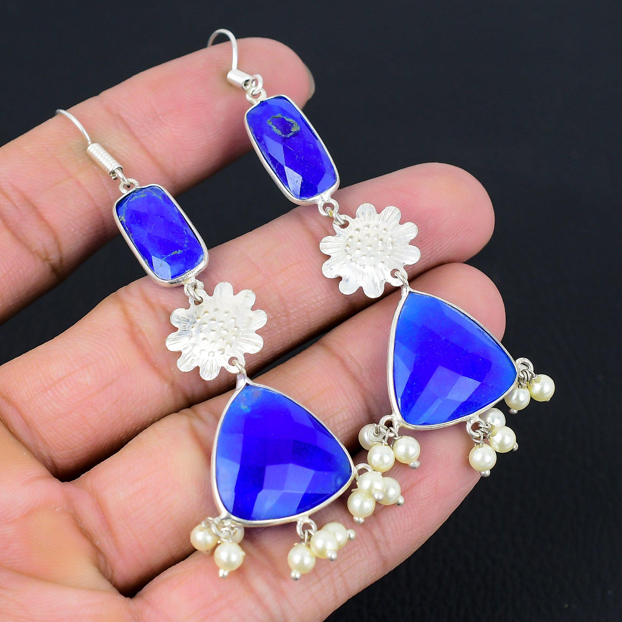 

Sterling Silver Third Eye Chakra Blue Sapphire Gemstone Drop Dangle New Earrings