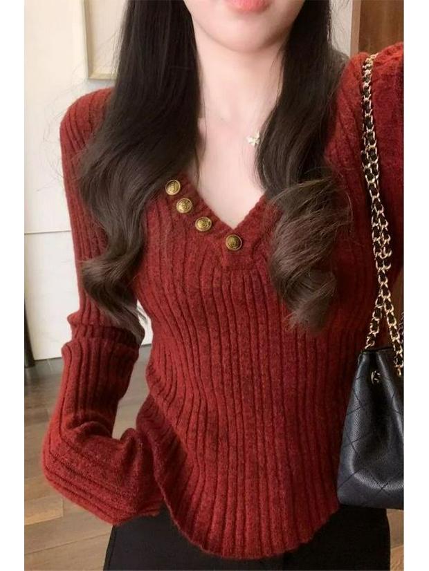 Dámský luxusní červený pletený svetr s výstřihem do V - Neobvyklá móda pro podzim/zimu