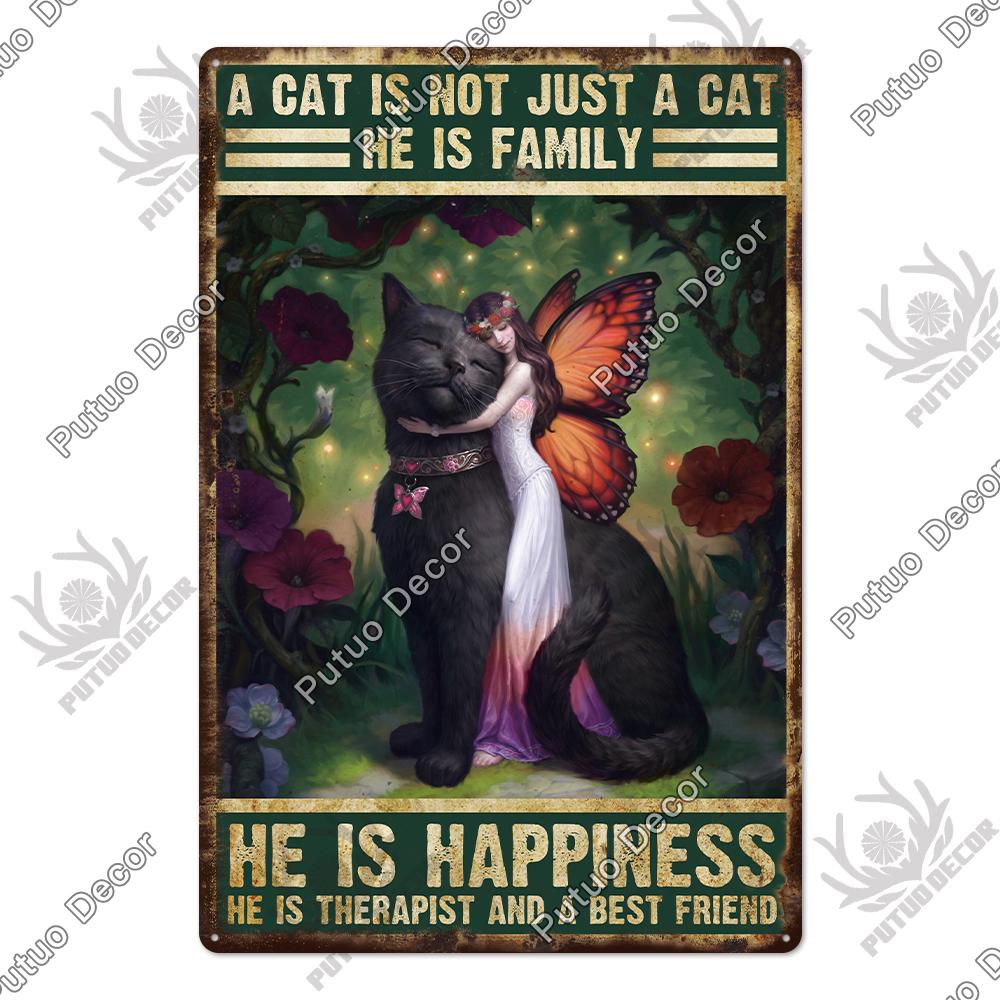Putuo Decor Cute Cat Vintaget Tin Signs Retro Plaque Metal Plate Wall Art Decor for Home Cafe Living Room Pet Shop Iron Poster