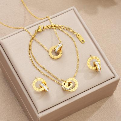 4Pcs/Set Gold Color Stainless Steel Crystal Necklace Bracelet Earrings for Women Interlocking Circles Roman Numbers Jewelry Sets