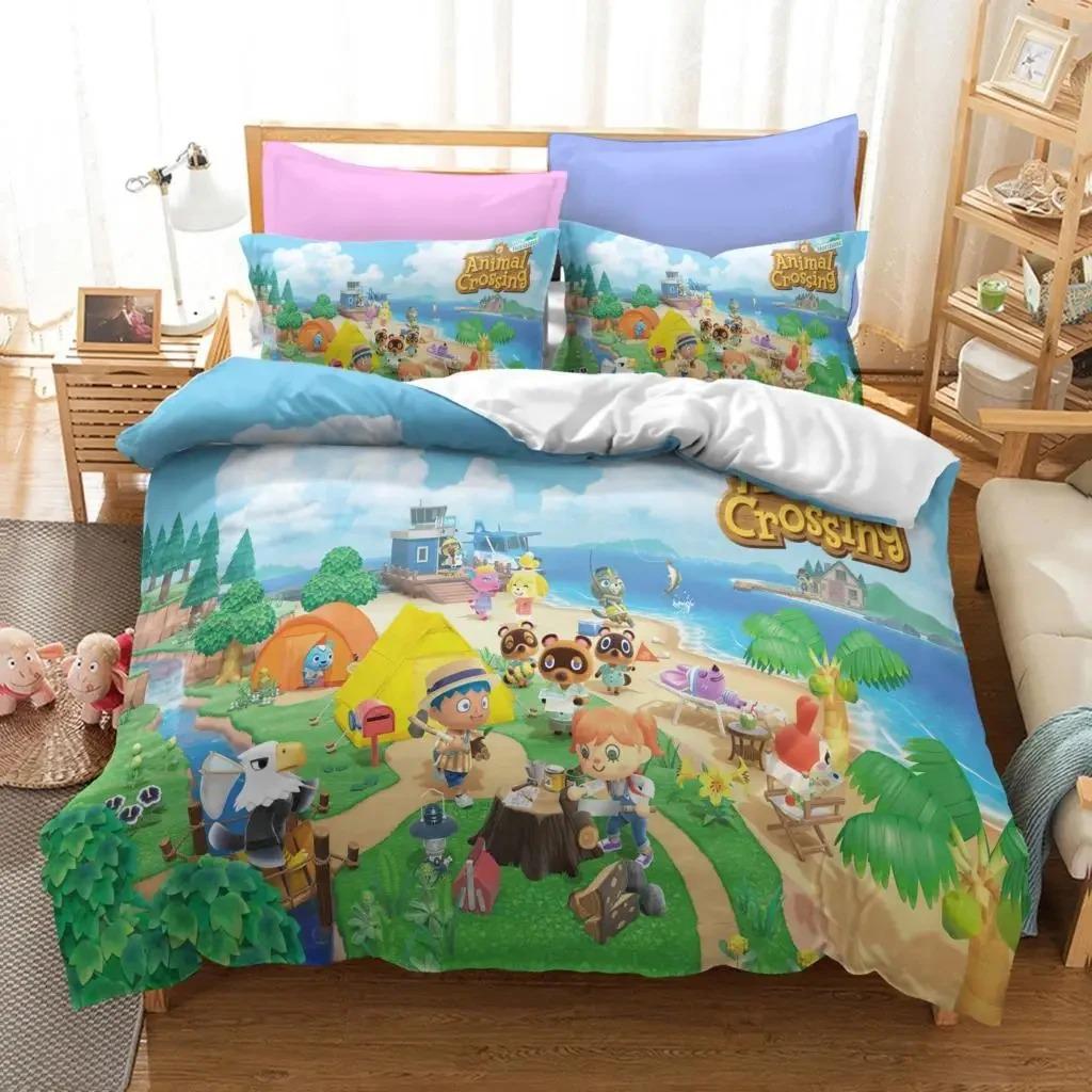 Kreskówkowy Zestaw Pościeli Animal Crossing Chłopcy Dziewczynki Rozmiar Twin Queen Poszwa na Kołdrę Poszewka na Poduszkę Łóżko Dzieci Dorośli Moda Tekstylia Domowe