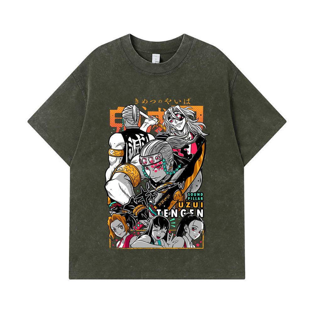 275 GSM Washed T-shirts 100 Cotton Demon Slayer V65 Uzui Print Unisex Heavy Cotton T Shirt S армия зеленый 2190₽
